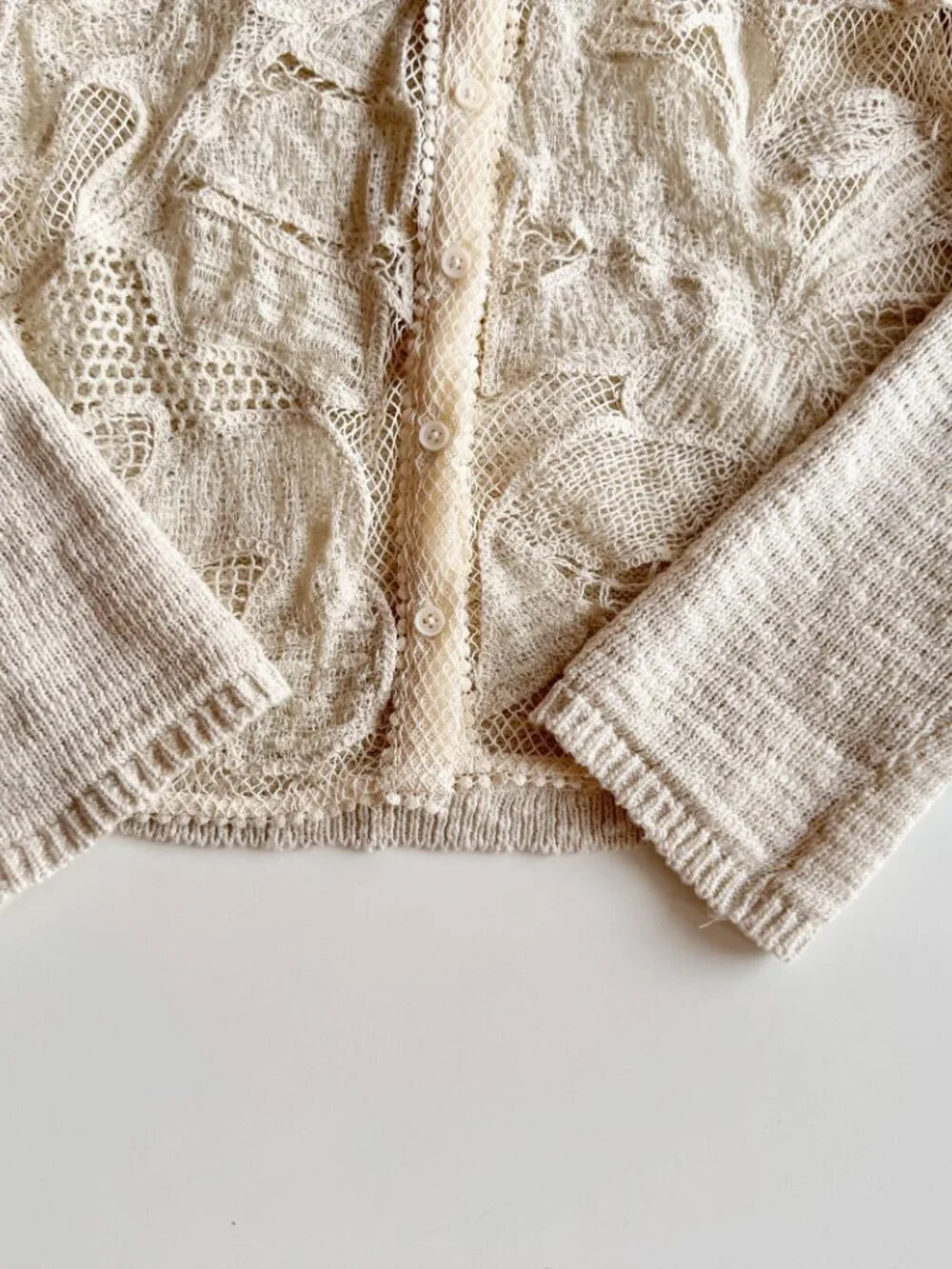 ZARA Ecru Ivory Contrast Cotton Blend Lace Knit Cardigan Sweater, Size XL - Picture 8 of 16